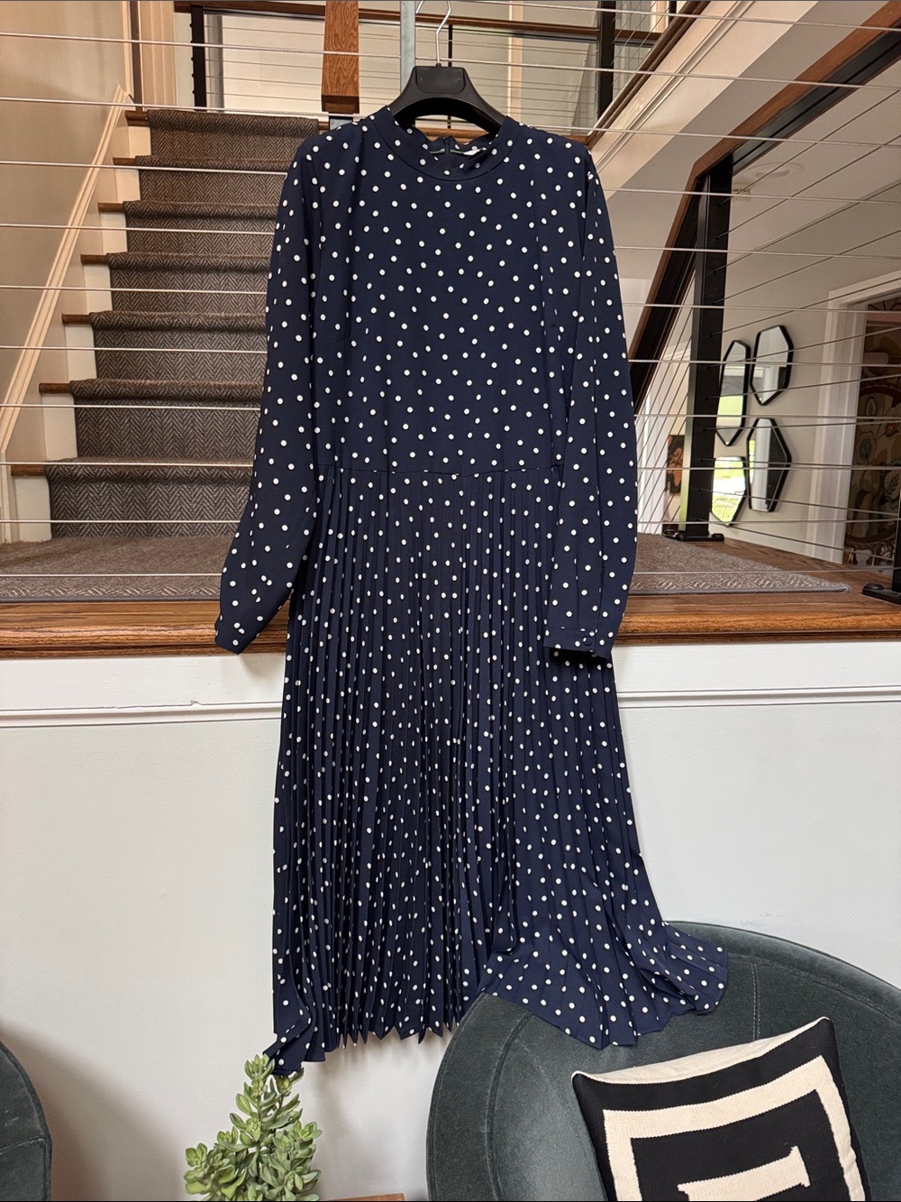 Boden Navy Polka Dot Pleated Long-Sleeve Midi Dress